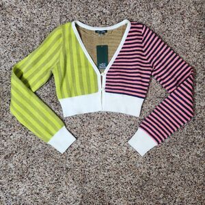 Women's Cropped Cardigan Sweater WildFable Pink Green Size XS Long Sleeve